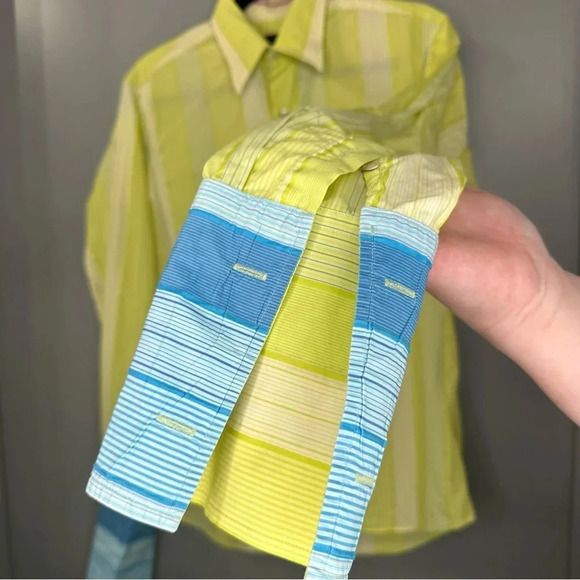 Ted Baker Button Down Shirt French Cuff Sleeve Green Stripe Size 3 Small - Picture 8 of 8